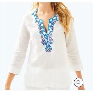Lilly Pulitzer Amelia Island Linen Embroidered Tunic Top Women Size XS